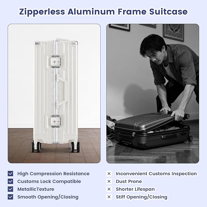 Carry On Luggage, 24 Inch Zipperless Luggage, Aluminum Frame Hardside Suitcase with TSA Lock, Spinner Wheels, Phone Holder, Charging Port, Cup Holder for Lightweight Travel, White