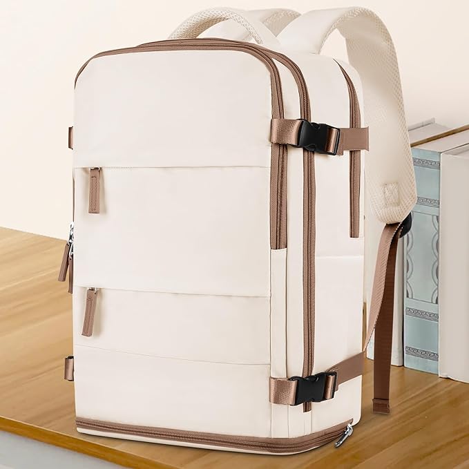 coowoz Large Travel Backpack For Women Men,Carry On Backpack Flight Approved,Hiking Outdoor Rucksack Casual Daypack Travel Bag Essentials Personal Item Backpack (Beige Brown-L)