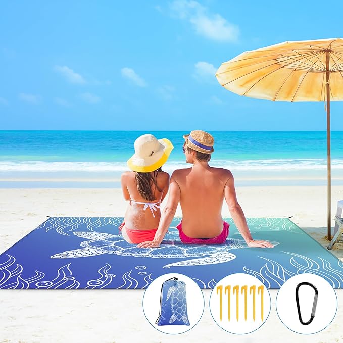 Ainiv Beach Blanket, Large Picnic Mat 210 x 200 cm (4-6 People) Foldable, Sandproof Waterproof, Camping Outdoor Blanket with 6 Fixed Nails for Beach, Hiking, Picnic
