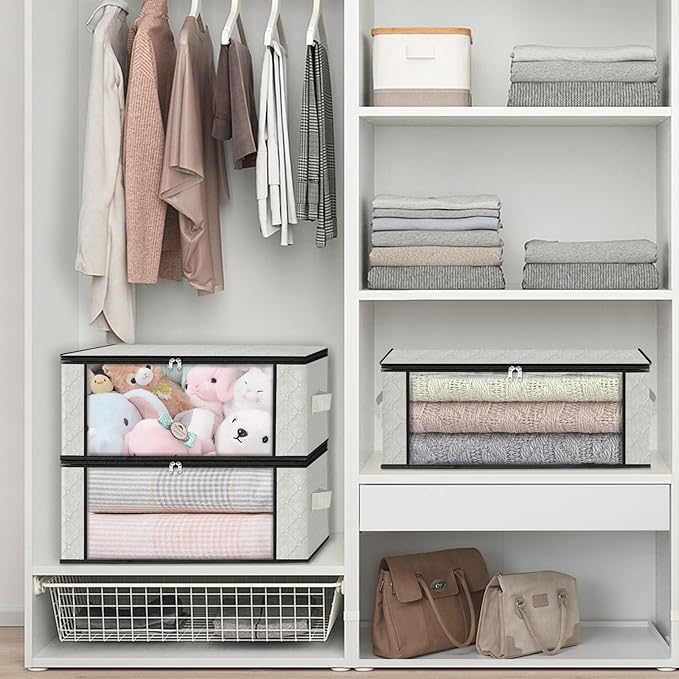 HomeHacks Storage 4-Pack Clothes Organizer Storage Bags Foldable Storage Box with Large Clear Window Sturdy Handles for Closet, Dorm, Pillows, Bedding, Clothes, Blankets, 35L, Ivory