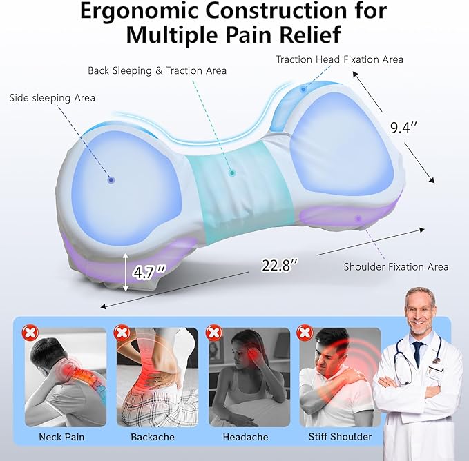 Cervical Neck Pillows for Tension Muscle Relief, Neck Roll Pillow for Side Sleepers, Camping & Travel Neck Support Memory Foam Pillow, Cervical Traction Device with Storage Bag