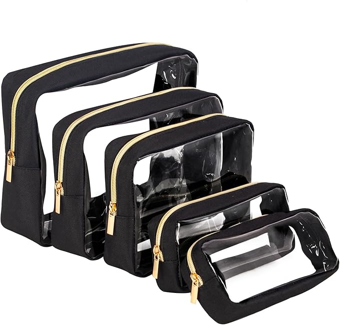 TSA Approved 5-Piece Diaper Bag Organizer Pouch Set Clear Waterproof TPU Kids Toiletry Storage Set Travel Packing Clutch Cube Bags for Baby Nursing(Black)