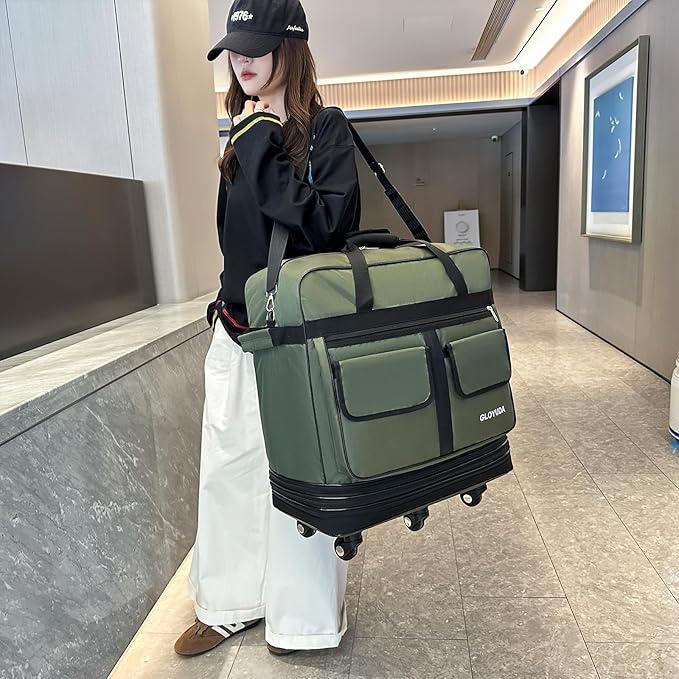 130L Expandable Luggage, 40 Inch Suitcase with Wheels, Collapsible Luggage with Wheels, Rolling Duffle Bag with wheels, Foldable Suitcasewith2Handle Wrap 2Fixing Straps 1Shoulder Strap (Green)