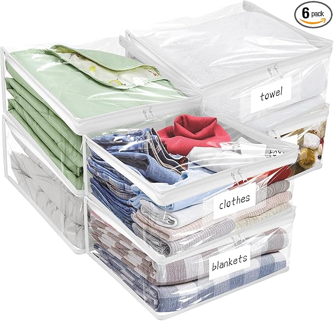 Plastic Storage Bags with Easy-Glide Zipper, Pack of 6, Durable Clear Vinyl Zippered Storage Bags for Clothes Sweaters Comforters Blankets Sheets Bedding (14.2 x 12 x 3.2 Inch)
