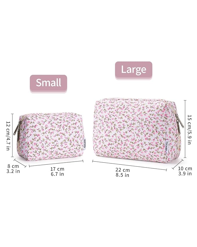 Narwey Small Cute Floral Makeup Bag for Purse Mini Cosmetic Bag Travel Makeup Pouch Zipper Pouch Cute Make up Bags with Compartments for Women Girls (Pink Flower, Small)