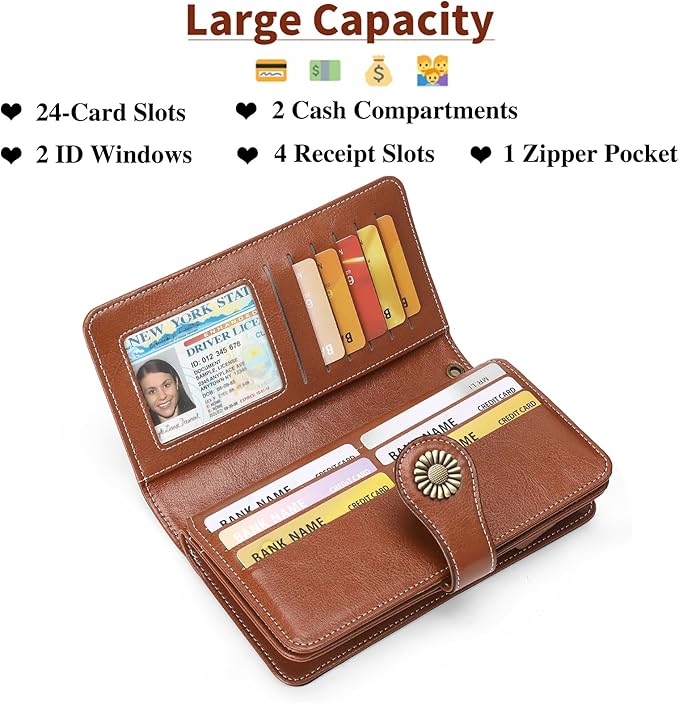 SENDEFN Wallets for Women Leather Credit Card Holder with RFID Blocking Large Capacity Wristlet | with RFID Blocking, Large Capacity, Wristlet, with RFID Blocking, Large Capacity, Wristlet