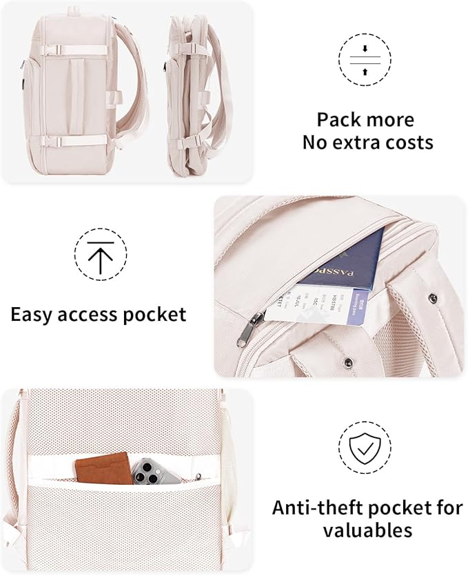 ECOHUB Travel Backpack for Women, 18x14x8 Spirit Airlines Personal Item Bag with Clear Toiletry Bag, Laptop Carry on Backpack with USB Port, Airline Approved Under Seat 14 Pockets 30L, Beige