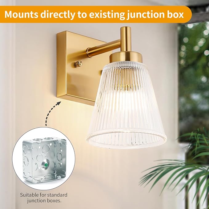 OCIOC Gold Hardwired Wall Sconces Set of Two, Modern Glass Wall Lights for Bathroom, Wall Mounted Light for Bedroom, Living Room, Hallway, Cabinet Porch