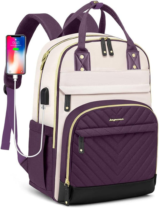Laptop Backpack for Women Work Bag - 15.6 inch Travel Backpack Purse with USB Charger College Bookbag Waterproof Cute Casual Daypack Fashion Business Computer Backpacks for Teacher Nurse Dark Purple