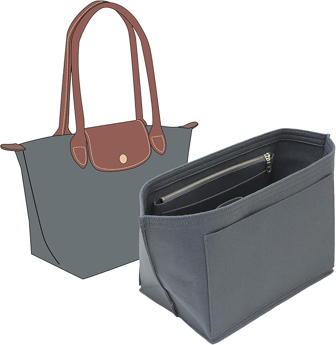 Fit Longchamp Organizer Insert, for Long Champ Le Pliage L Bag Handbag Women, with Cup Holder, Large/Light Grey