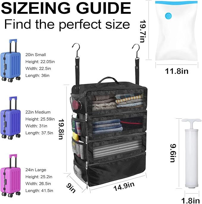 Suitcase Organizer, Travel Luggage Organizer Portable Hanging Travel Shelves Collapsible Hanging Packing Cubes for Carry on Suitcase with 5 Medium Vacuum Storage Bags and Hand Pump,Black