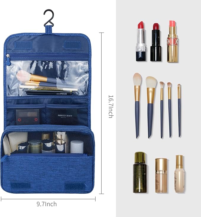Large Capacity Toiletry Bag Travel Bag with Hanging Hook for Men and Women Waterproof Travel Cosmetic Bag Bathroom Storage Bag for Brushes Set, Full-Sized Shampoo, Toiletries, (Navy Blue)