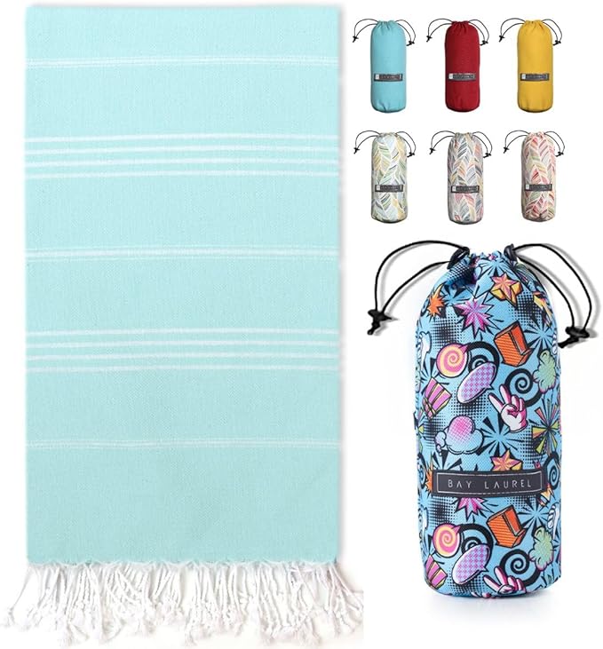BAY LAUREL Turkish Beach Towel with Travel Bag 39 x 71 Quick Dry Sand Free Lightweight Large Oversized Towels Light - (Aqua with Mix Blue)
