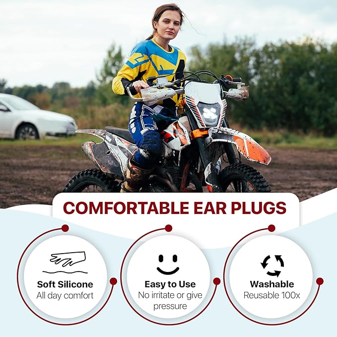 Motorcycle Ear Plugs 2 Pairs, Wind Noise Reduction & Prevent Hearing Damage, Comfortable Reusable Earplugs for Motorsports, Touring, Racing, Riding, Shooting, 2 Sizes Fit All Ear-Canal, 25 dB Earbuds
