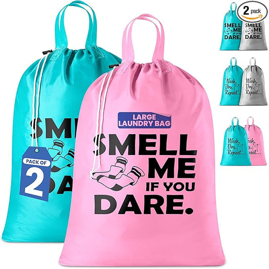 Extra Large Travel Laundry Bag - 2-Pack Fun Print Design Bags for Dirty Clothes - Durable Water-Resistant Fabric - Sturdy Drawstring Closure (Pink-Teal | Smell Me If You Dare)
