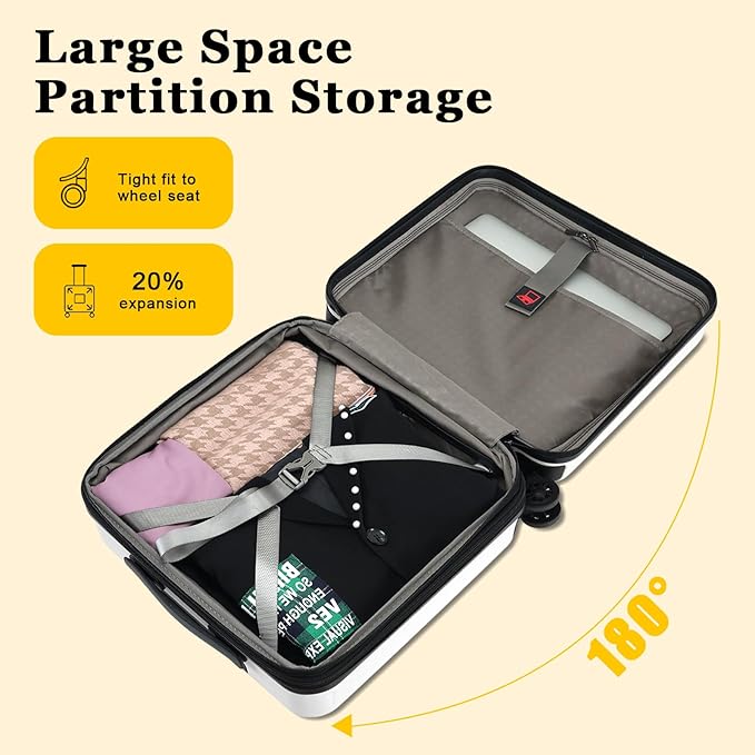 16 Inch Carry On Luggage Airline Approved, Expandable Lightweight ABS+PC Hard Shell Suitcases with 360° Spinner Wheels, TSA Lock, YKK Zippers (White, 1 PC)