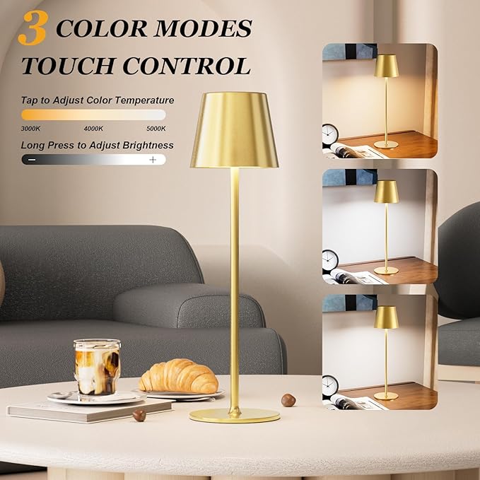 Cordless Table Lamp Rechargeable Gold - KK 2 Pack 5000mAH Battery Operated Lamp for Dining Table, 3 Color Stepless Dimming Wireless Lamp for Counter, Outdoor Patio, Touch Control, Water Repellent