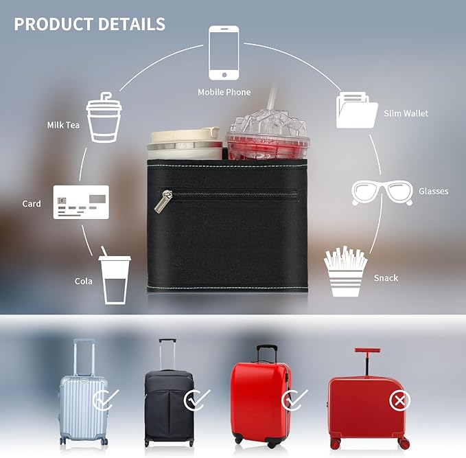 Travel Luggage Cup Holder, Liveagain Drink Caddy, Luggage Cup Holder Attachment, Free Hand Suitcase Drink Carrier for Drinks Beverages, Coffee, Bottles, Snack (Black)