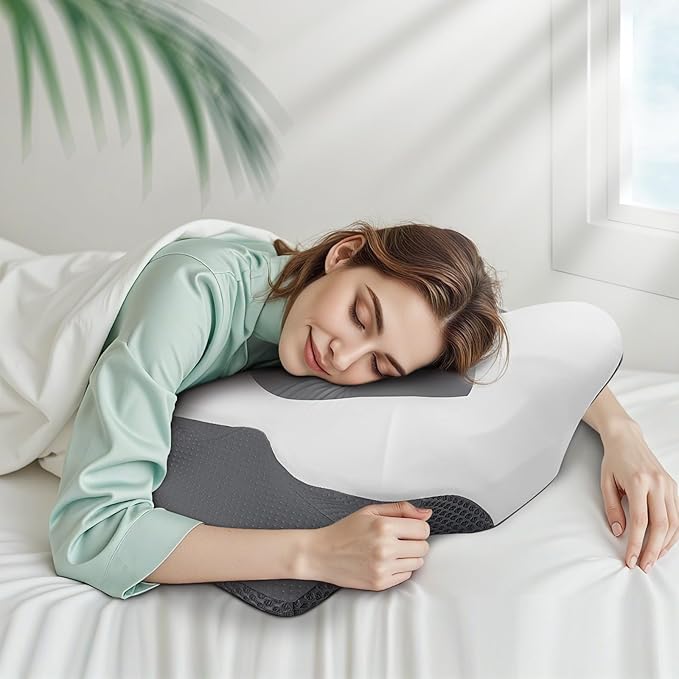 Cervical Neck Pillow for Sleeping, Memory Foam Pillow for Neck Support, Set of 2 Ergonomic Pillow for Pain Relief, Contour Bed Pillow for Side Back Stomach Sleepers, Grey Standard Size