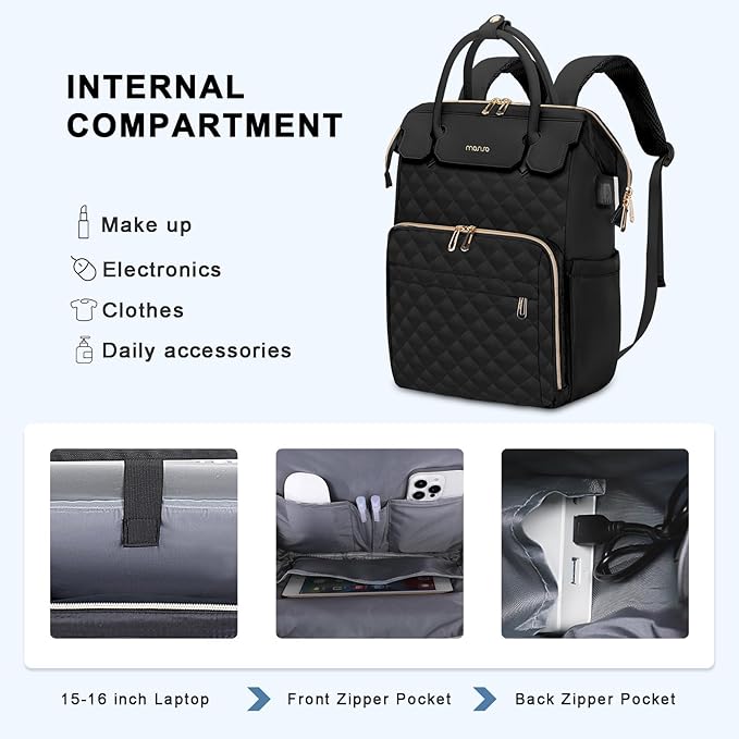 MOSISO Laptop Backpack for Women Men, 15-15.6 inch Rhombus Quilted Flight Approved Travel Backpack with PU Handle, 16 inch Carry on Daypack with USB Port for College Work Business, Black