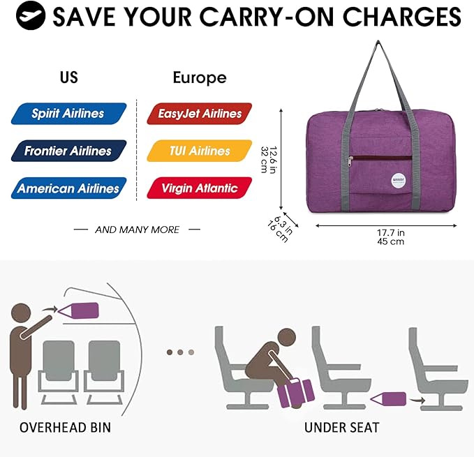 WANDF For Spirit Airlines Personal Item Bag 18x14x8 Travel Duffel Bag Underseat Foldable Carry-on Luggage for Women