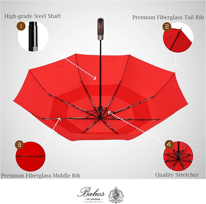 Balios Travel Folding Umbrella with Real Wood Handle Auto Open Close Vented Windproof Canopy - Designed in UK