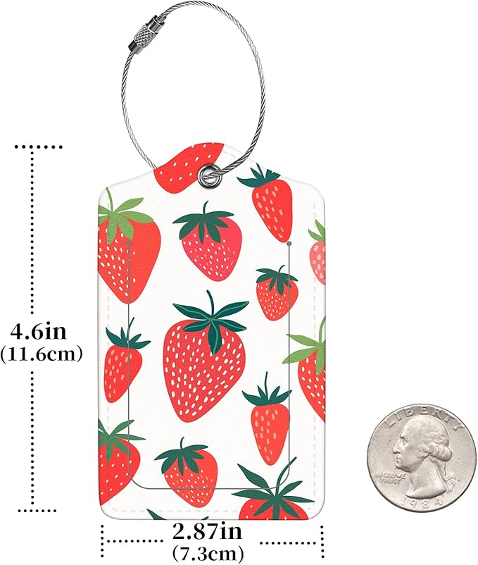 2 Pcs Luggage Tags for Suitcase, Cute Unique PU Leather Travel Bag Tag with Privacy Cover ID Label Address Card and Durable Metal Ring Suitable for Men Women Children Backpack,Strawberry Pattern