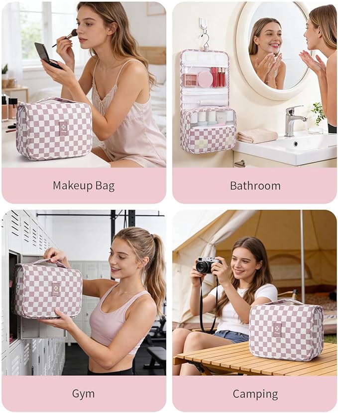 Narwey Small Hanging Travel Toiletry Bag for Traveling Women, Checkered Travel Bag for Toiletries, Makeup Bag Organizer Make Up Cosmetic Bags (Dusty Pink Checkerboard)