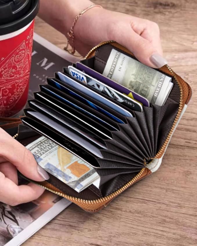BOSTANTEN Credit Card Holder Wallet RFID Blocking Leather Small Wallet for Women Zipper Keychain Wallet with Wristlet Beige＆Brown