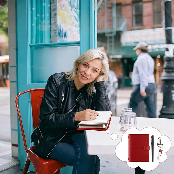 Thenshop Travelers Refillable Leather Journal Notebook Travel Diary Handmade Passport Travelers Journal for Men and Women with 3 Notebook Inserts, Pen Holder, Binder Clip(Wine Red,Passport Size)