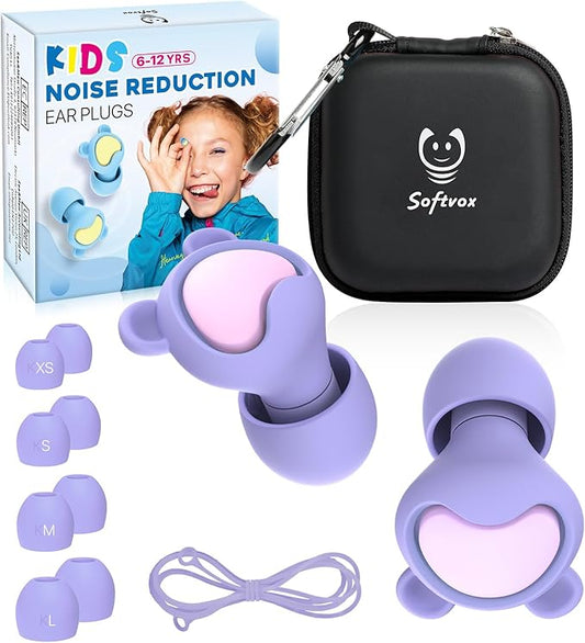 Kids Ear Plugs (6-12 Years) with Cord, Kids Ear Protection Reusable Noise Relief Earplugs for Focus, Travel, Concert, Socializing, Events, Sleep, Anxiety, Home, School, Playtime -26dB Noise Reduction