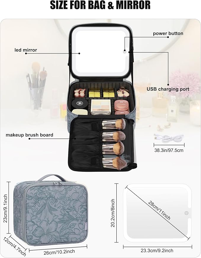 Relavel Travel Makeup Bag With LED Mirror for Women, Cosmetic Organizer Bag with Adjustable Brightness in 3 Color Scenarios, Detachable Dividers, Waterproof Train Case for Daily - Dark Blue FLowers