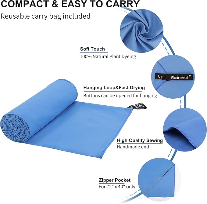 Rainleaf Microfiber Towel Perfect Travel & Gym & Camping Towel. Quick Dry - Super Absorbent - Ultra Compact - Lightweight. Suitable for Trip, Beach, Shower, Backpacking, Pool