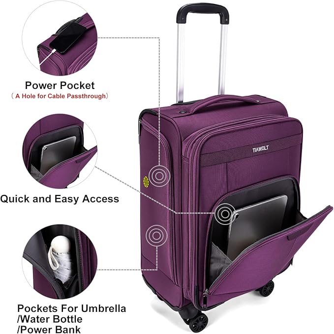 Carry on Suitcase 22x14x9 Airline Approved,20 inch Lightweight Suitcases with 360° silent swivel wheels, TSA Lock and Compartment, Large Capacity travel Suitcase-Purple