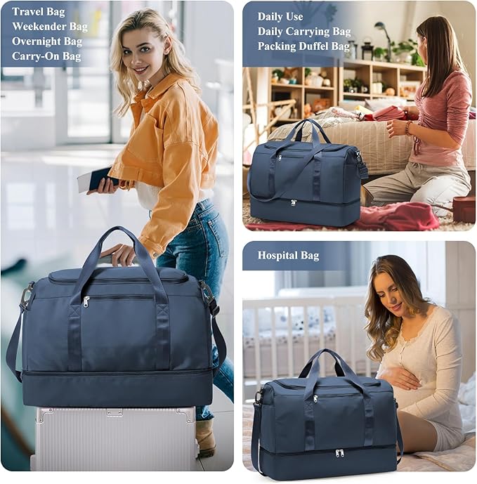 Extra Large Travel Duffle Bag,Carry on Overnight Weekend Bag with Shoes Compartment,Weekender Bags for Women for Travel Business Trips Sport Hospital,Dark Blue