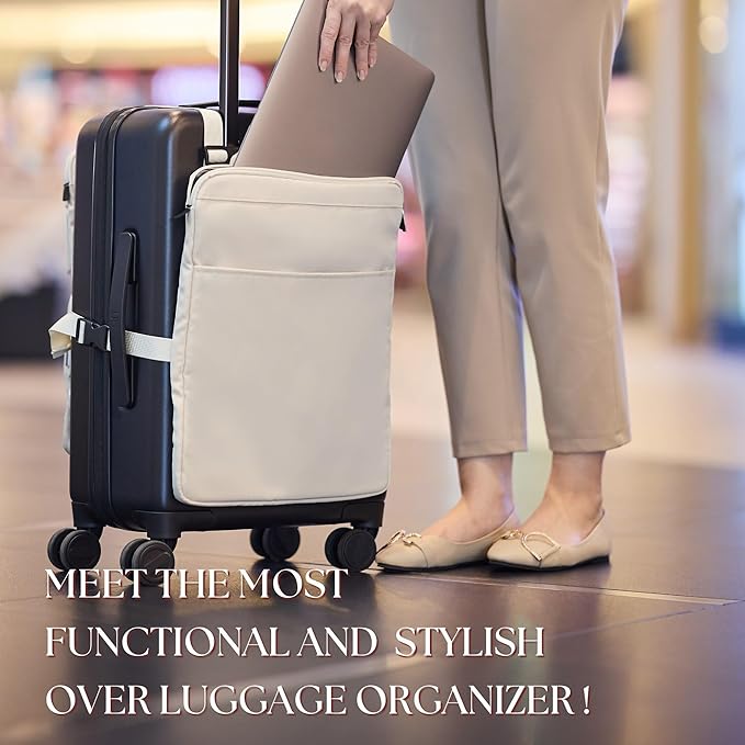 BAREFOOT CARIBOU Over Luggage Organizer for Carry On Bag or Suitcase with Storage Pockets, 16” Laptop Sleeve with Handle, Travel Accessories Bag Slide On Luggage Harness with Adjustable Straps (Ivory)