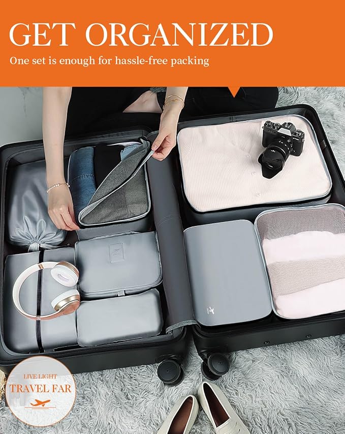 HOTOR Packing Cubes for Suitcases - 8 Pieces, Light Packing Cubes for Travel, Premium Suitcase Organizer Bags Set, Space-Saving Luggage Organizers, Travel Accessories and Essentials, Grey