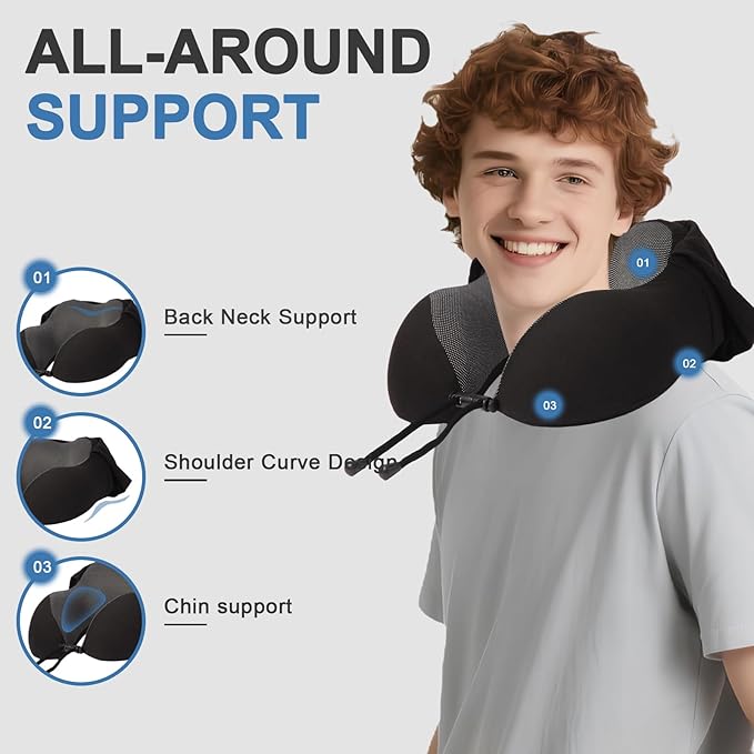 Travel Neck Pillow with 100% Light-Blocking Hood – Ergonomic Memory Foam Support Pillow for Airplane, Long Flights, Road Trips, Office and Car, Full Head and Neck Support with Skin-Friendly Cover