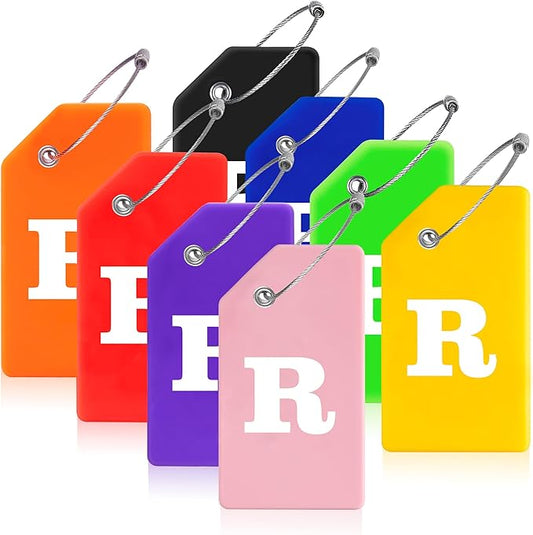 Gostwo 8 Pack Luggage Tags for Suitcases, 26 Initial Letter Travel Luggage Baggage Identification Labels ID Tags Fully Bendable Tags with Stainless Steel Loop (Letter R, Colorful)