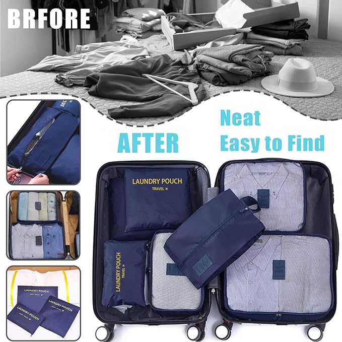 INVODA 7 piece Multi-size Packing Cubes for Travel Suitcase Organizer Bags Lightweight Travel Bags (Navy Blue)