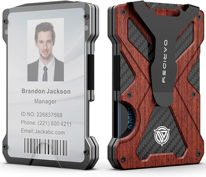Minimalist Wallet for Men- Slim Aluminum Metal Money Clip Wallet with Clear ID Card Holder, Carbon Fiber Wallet, RFID Blocking,Holds up 15 Cards with Cash Clip,Ultra-Thin Tactical Wallet - Rosewood