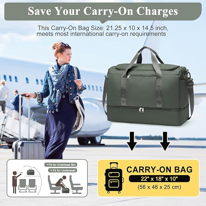 Extra Large Travel Duffle Bag,Carry on Overnight Weekend Bag with Shoes Compartment,Weekender Bags for Women for Travel Business Trips Sport Hospital,Dark Green