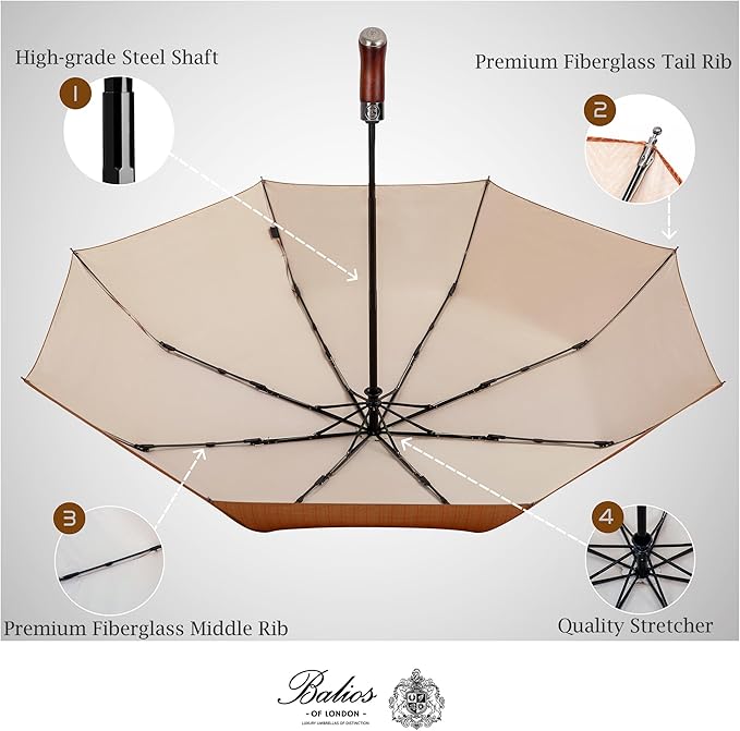 Balios (Designed in UK) Travel Umbrella Luxurious Golden Hardwood Handle Auto Open & Close Windproof Frame Single Canopy Automatic Folding Umbrella Men's & Ladies