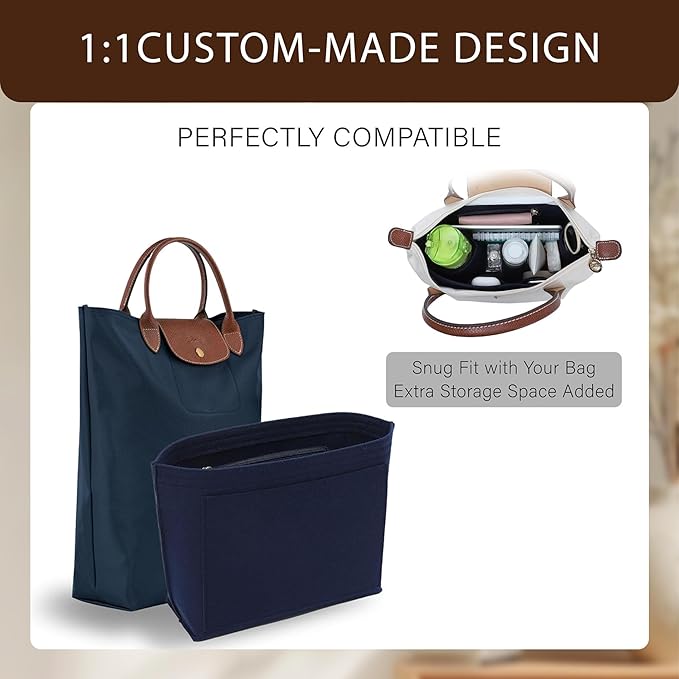 Premium Felt Purse Organizer Insert for Longchamp Le Pliage, Zipper Long Champ Bag Organizer Insert with Cup Holder, 8 Compartments