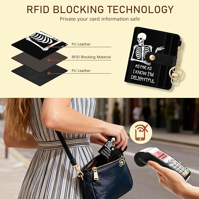 Jogjam Skull Skeleton Rfid Women Wallet, Small Slim Thin Credit Card Wallet, PU Leather Bifold Cash Zipper Coin Pocket ID Window for Female Ladies Teen Girls Girly