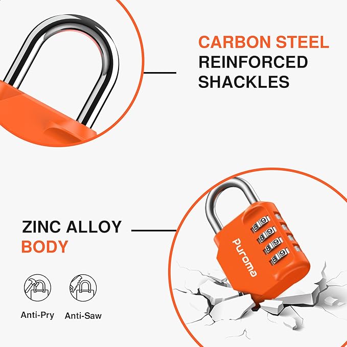 Puroma 2 Pack Combination Lock for Locker 4 Digit Outdoor Waterproof Padlock for School, Gym, Sports, Fence, Toolbox, Gate, Case, Outdoor, Hasp Storage, Cabinets (Orange)