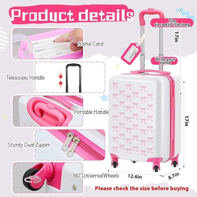 Redbaker 17 Inch 6 Pcs Kids Luggage Set Gifts for Christmas Kids Rolling Luggage Double Pattern Suitcase for Boys Girls (Pink, Bow Style)