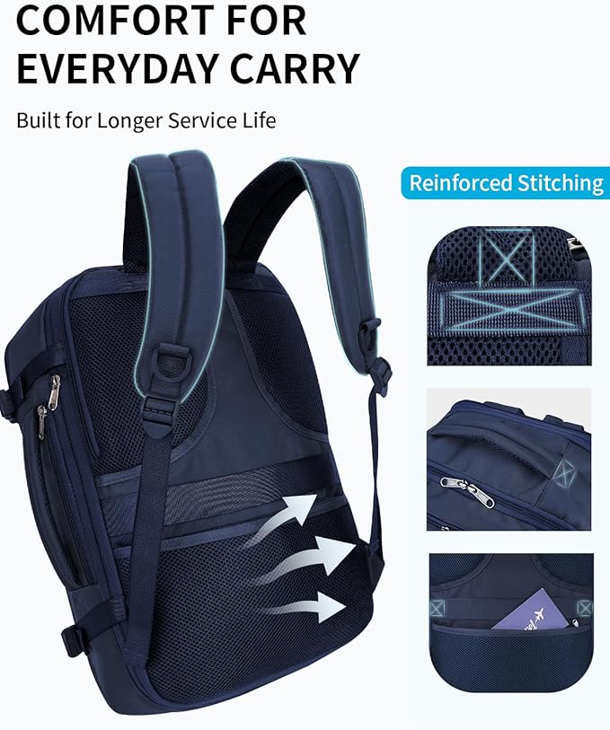 ECOHUB Carry On Travel Backpack, Expandable Airlines Personal Item Bag 18x14x8, Water Resistant 17 inch Laptop Backpack Flight Approved, 12 Pockets 30L Work Backpacks with Wet Pocket Cable Slot, Blue