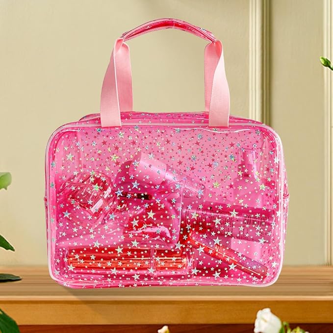 Hot Pink Star Large Cosmetic Bag 12x5x8 inch Travel Pouch with Handle,Durable PVC Material,Zipper Design-Ideal for Makeup,Travel Essentials