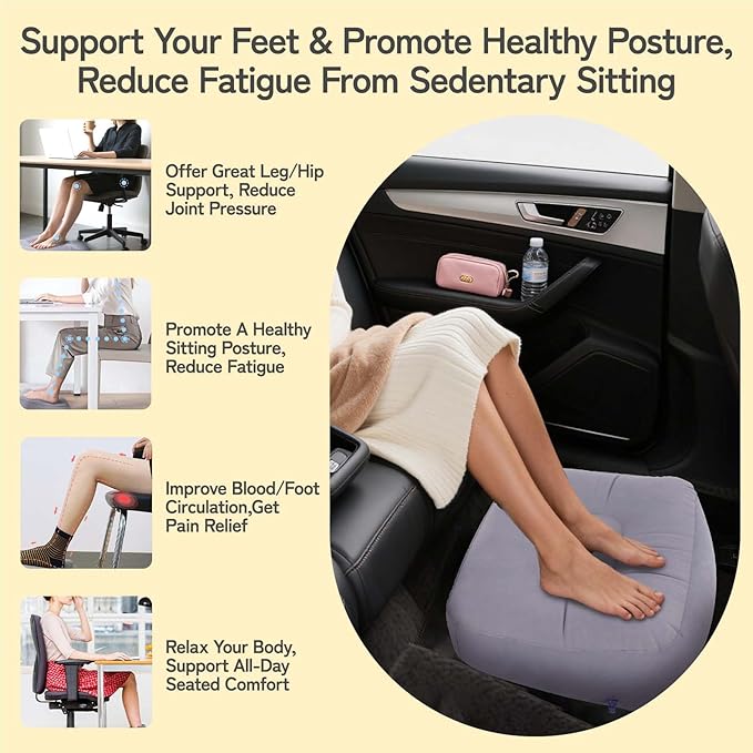 Inflatable Foot Rest for Airplane Travel & Office, Portable Leg Rest Pillow, Elevating Feet for Economy Flight, Home Desk, Car Use - Grey